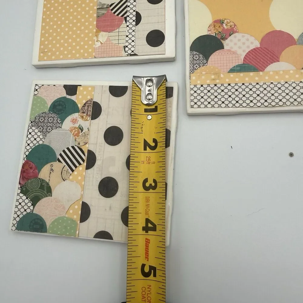 Handmade Ceramic Tile Coasters Set Of 8 Mixed Media Cottagecore Floral Polka Dot